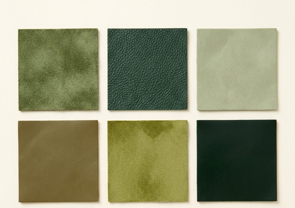 Six square leather swatches in shades of green — goat suede, forest green floater calf, sage nubuck, khaki smooth calf, lime suede and near-black fir — on a cream background