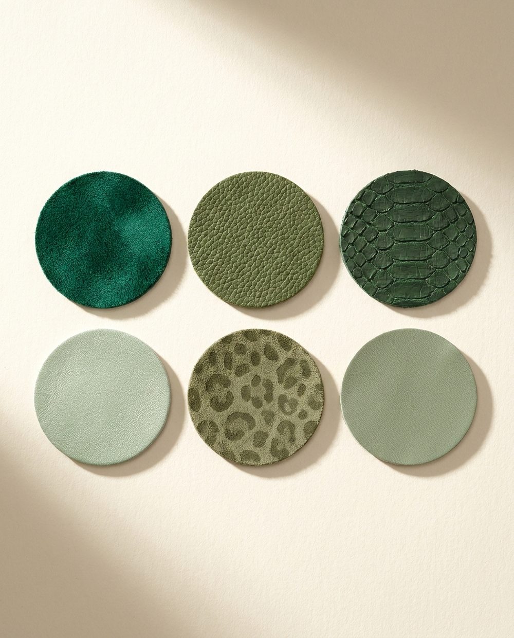 Six round leather swatches showing goat suede nap, pebbled floater calf grain, embossed python grain, pearlised metallic calf, washed leopard print and fine lining leather in green tones