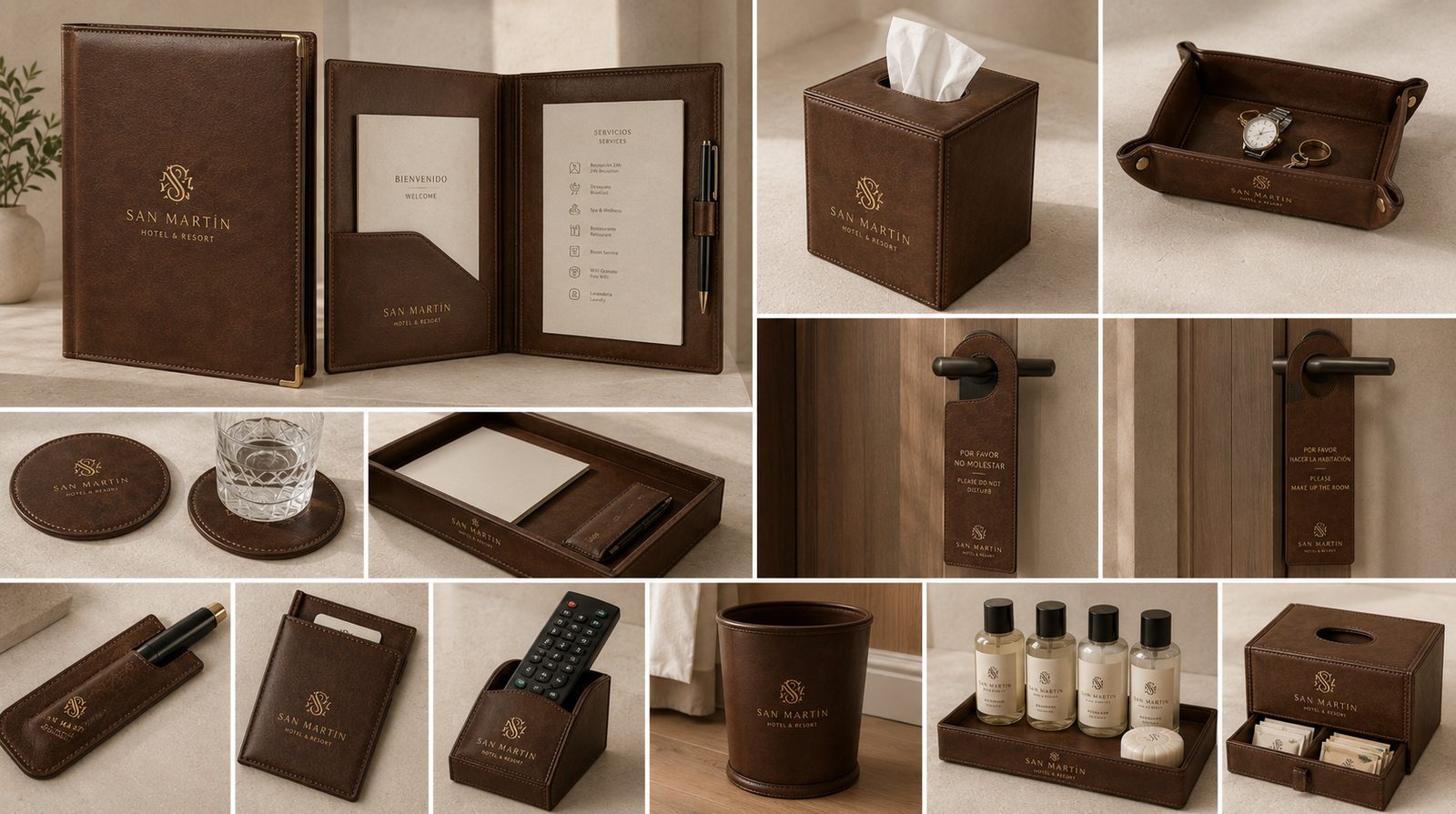 Programa de complementos de piel para hotel San Martín Hotel & Resort: directorio de bienvenida y de servicios, bandeja vaciabolsillos, funda de pañuelos, posavasos, portamandos, colgadores de puerta y bandeja de amenities, con logo grabado en dorado.