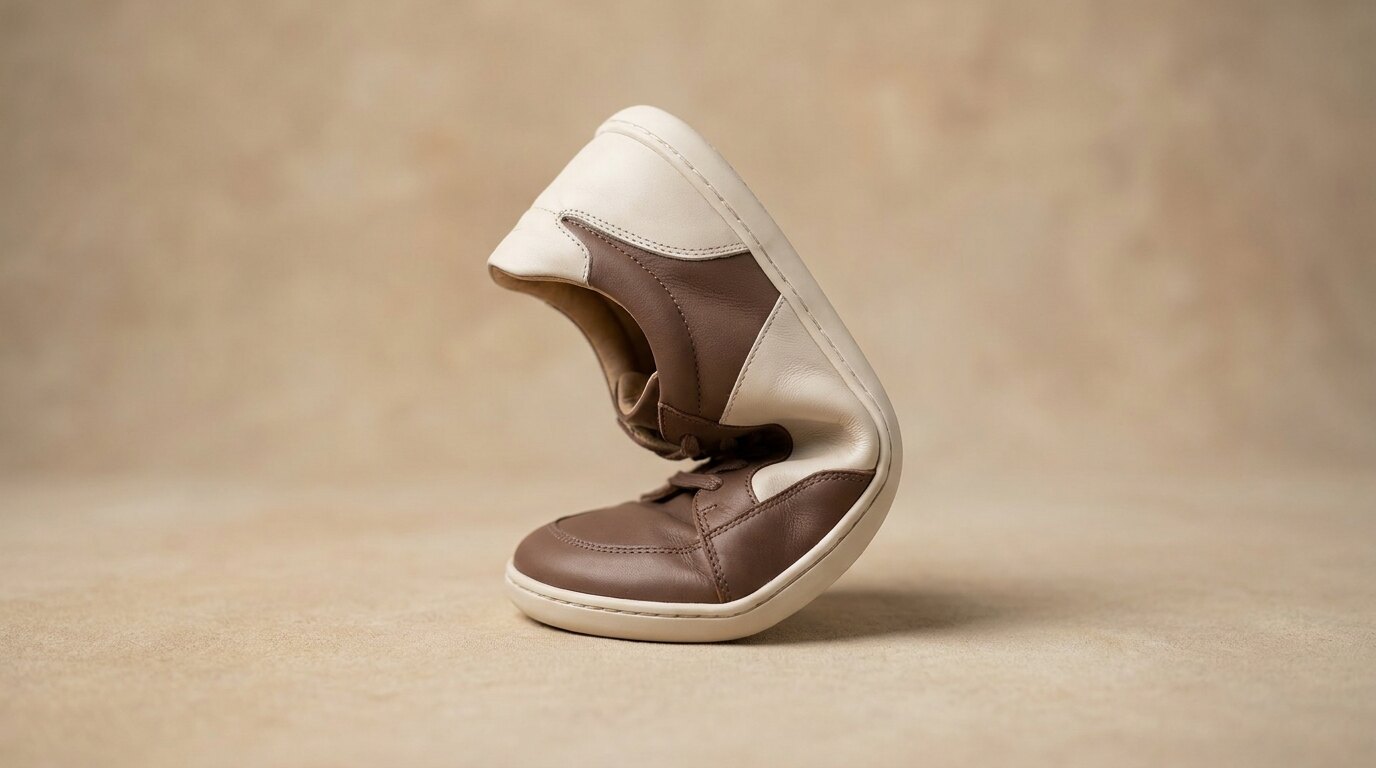 Elegant minimalist barefoot sneaker in soft flexible full-grain leather, gently bent to show suppleness, on a warm neutral background.