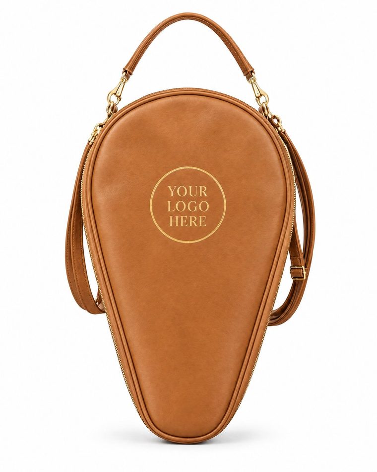 Logotipo estampado en oro sobre la piel de la funda de pala de pádel