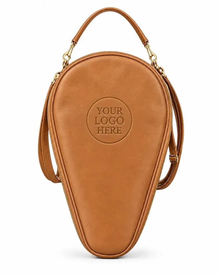 Blind-debossed logo on cognac leather