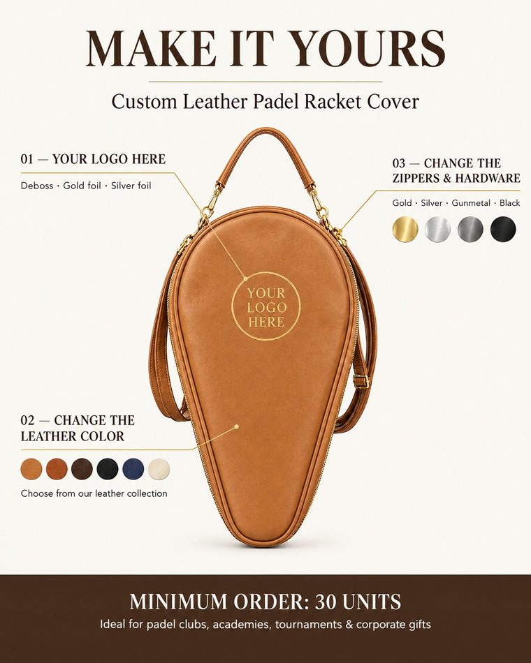 Funda de pala de pádel en piel preparada para personalizar con el logotipo del cliente