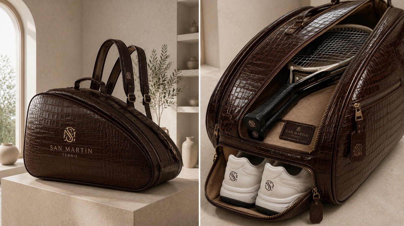 Raquetero de tenis de piel grabada efecto coco en marrón con logotipo San Martín Tennis dorado; interior con raqueta y compartimento inferior para zapatillas.