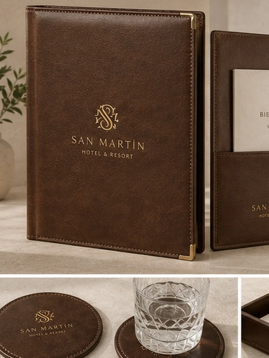 Leather hotel menu cover, folder and coasters with debossed logo