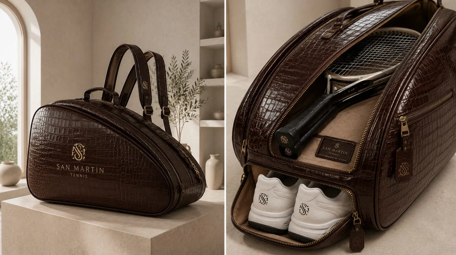 Croc-embossed leather tennis racket bag with racket compartment and shoe pocket