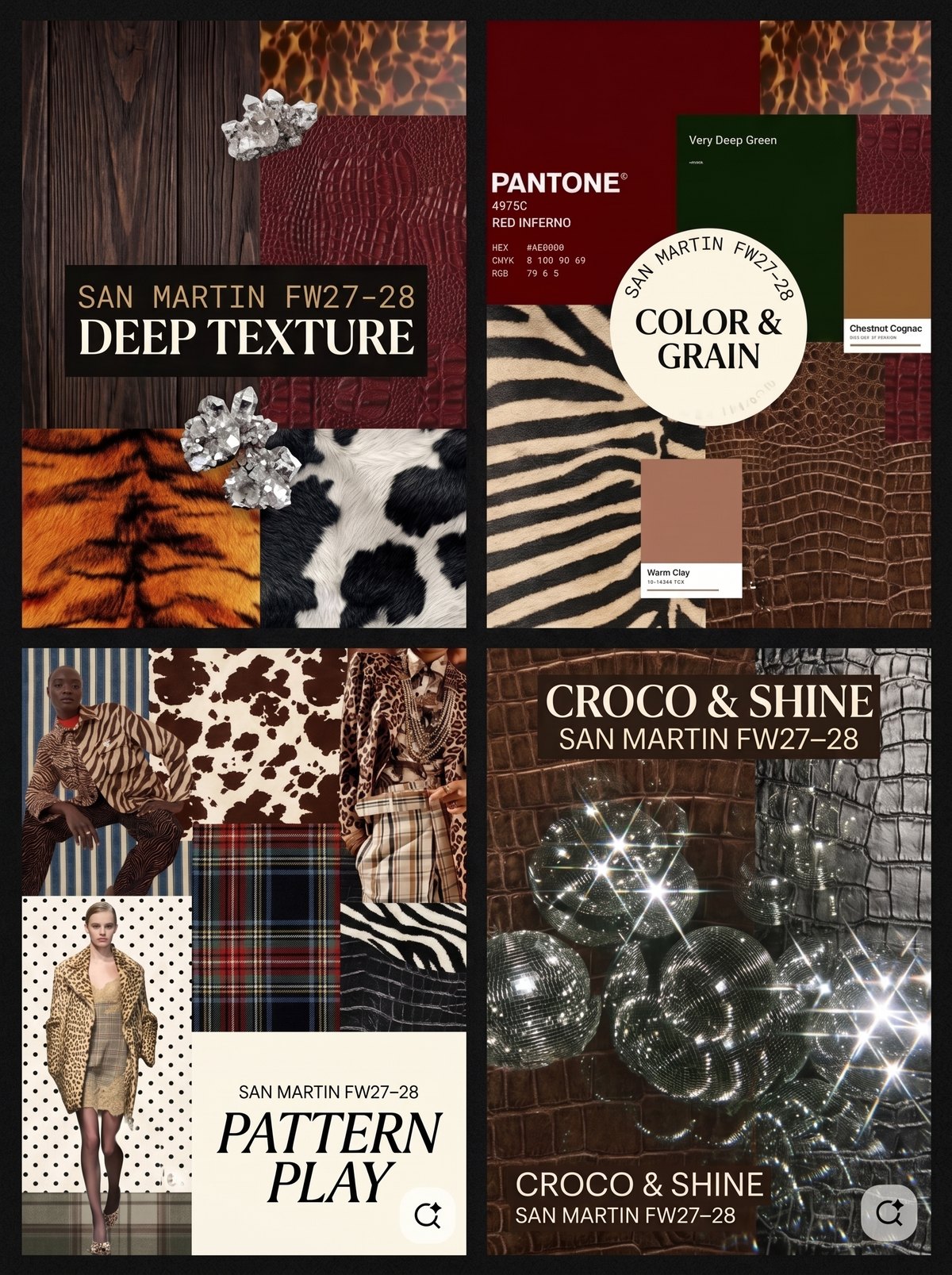 TL San Martin FW27-28 moodboard shown at Lineapelle Milano 2026: deep texture, colour and grain, pattern play and croco and shine leather directions