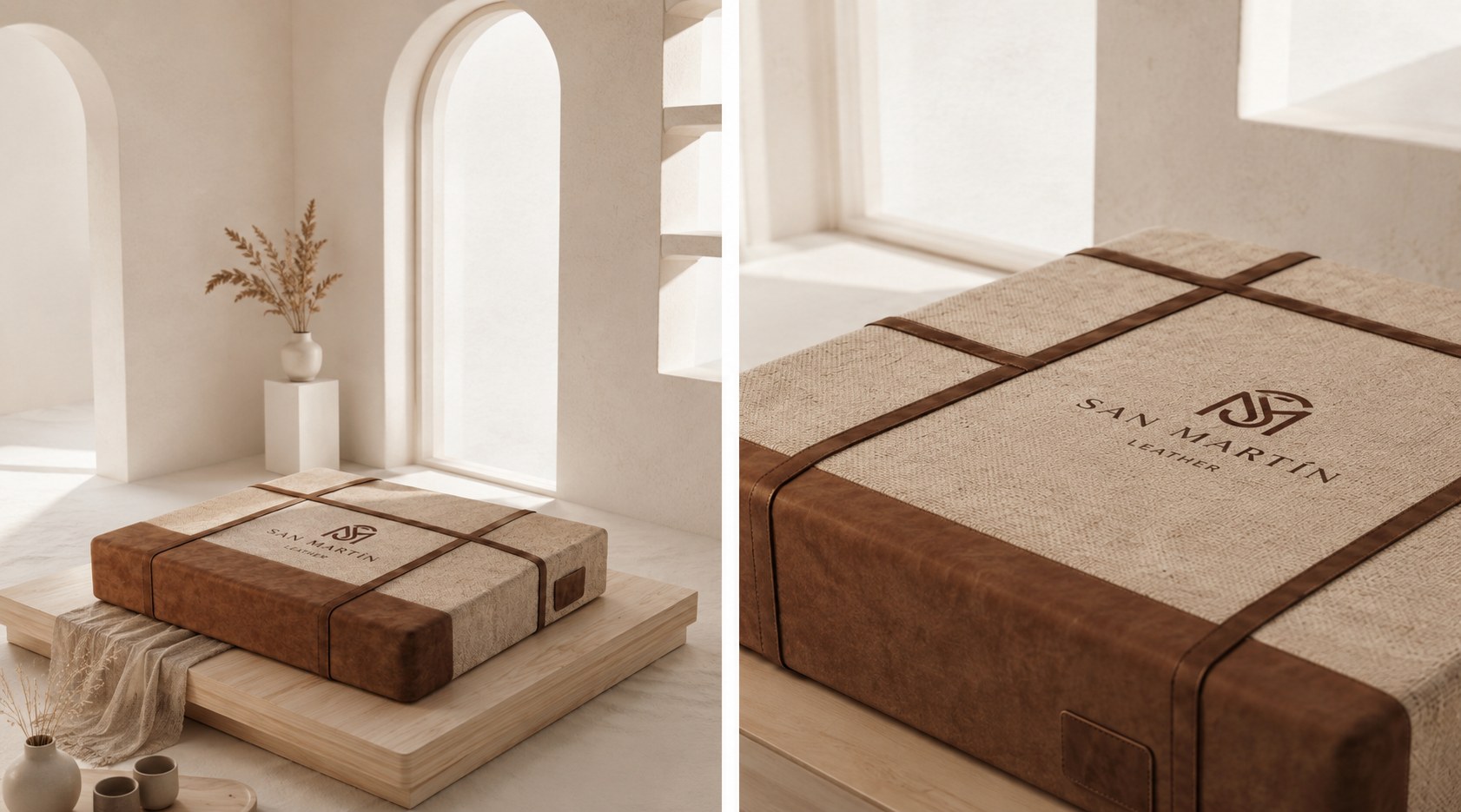 Spanish full-grain leather cover for a luxury bed in a styled bedroom setting