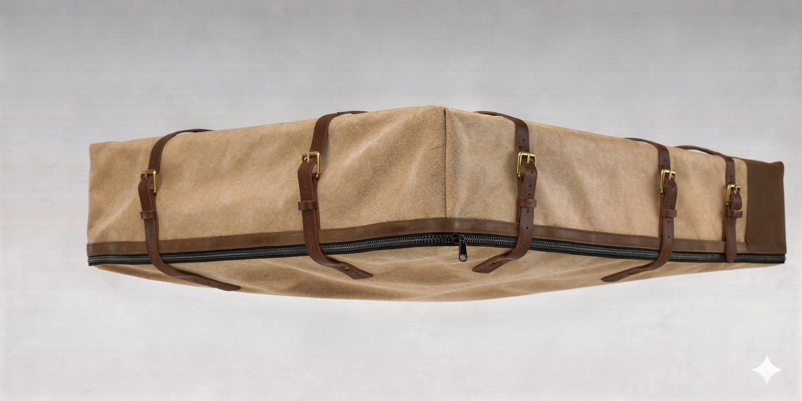 Reusable leather-and-canvas mattress cover with leather straps and brass buckles